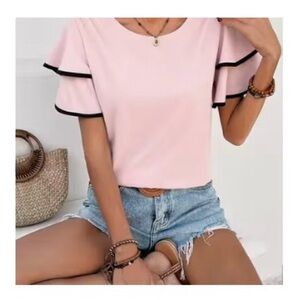 Pink Ruffle Sleeve Blouse with Black Trim – Size XL (12)